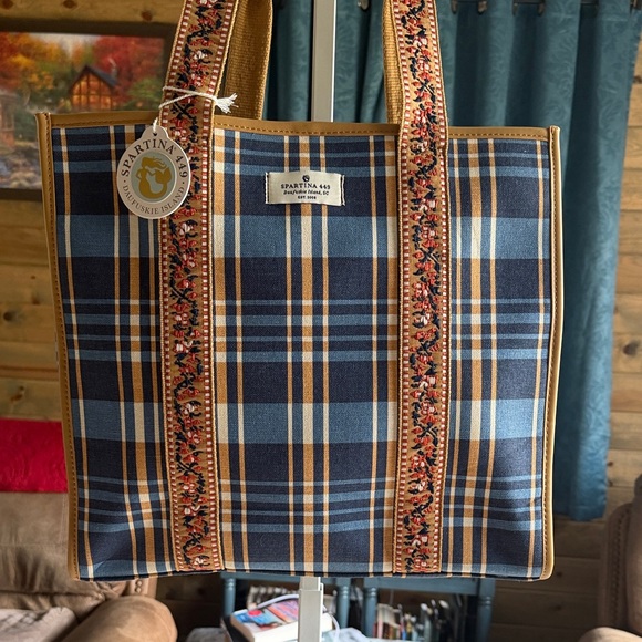 Spartina 449 Blue and Tan Plaid Tote - Picture 3 of 13